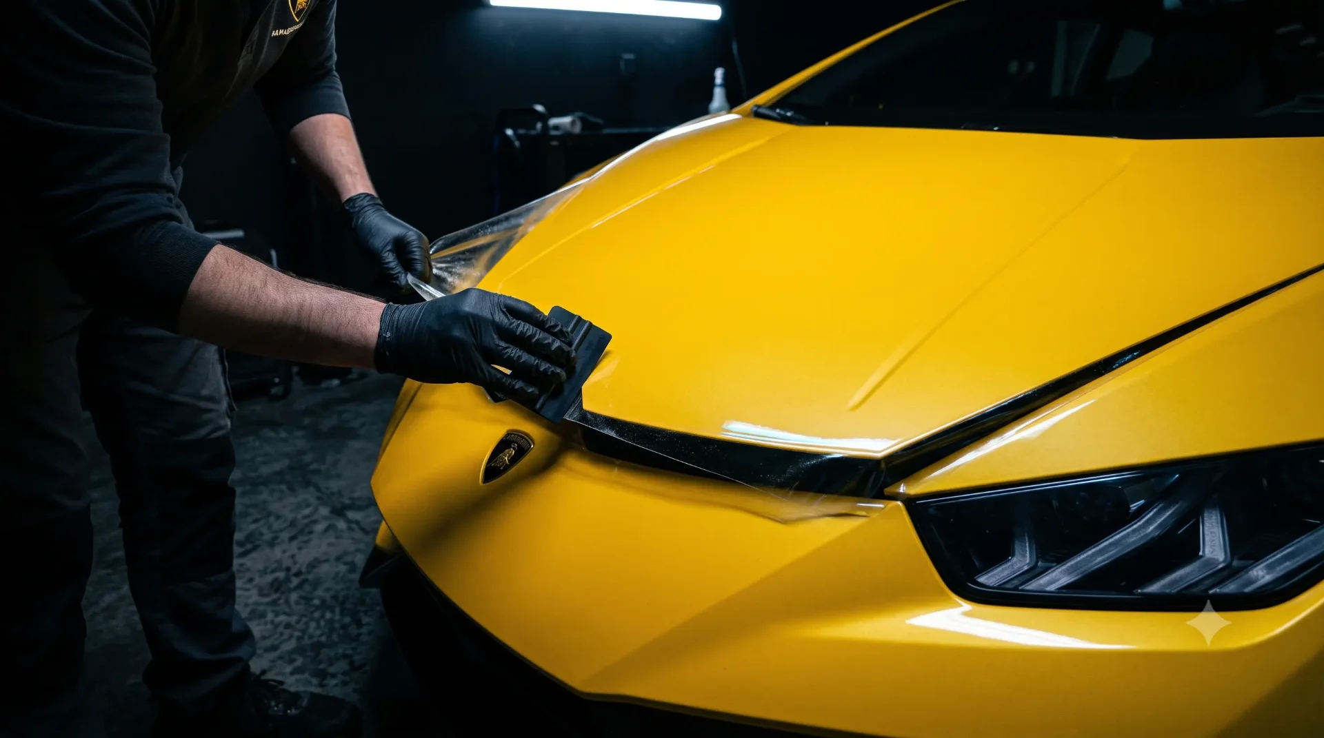 Lamborghini Huracan being wrapped with paint protection film