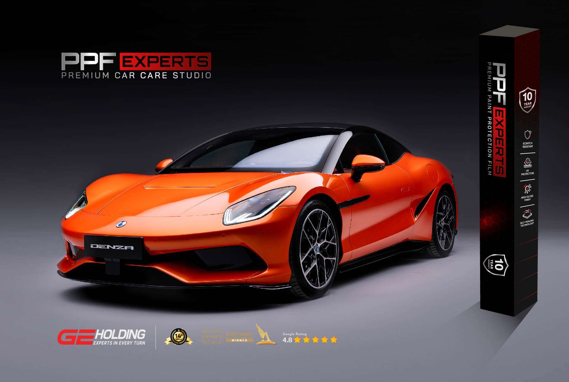 PPF Experts premium paint protection studio with luxury orange car and premium film box